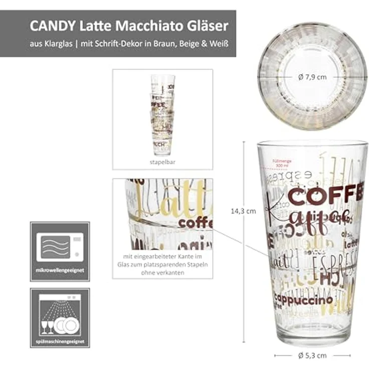 MamboCat Latte-Macchiato-Glas 12x Candy Latte Macchiato Gläser 380ml Schrift-Dekor stapelbar, Glas – Bild 6