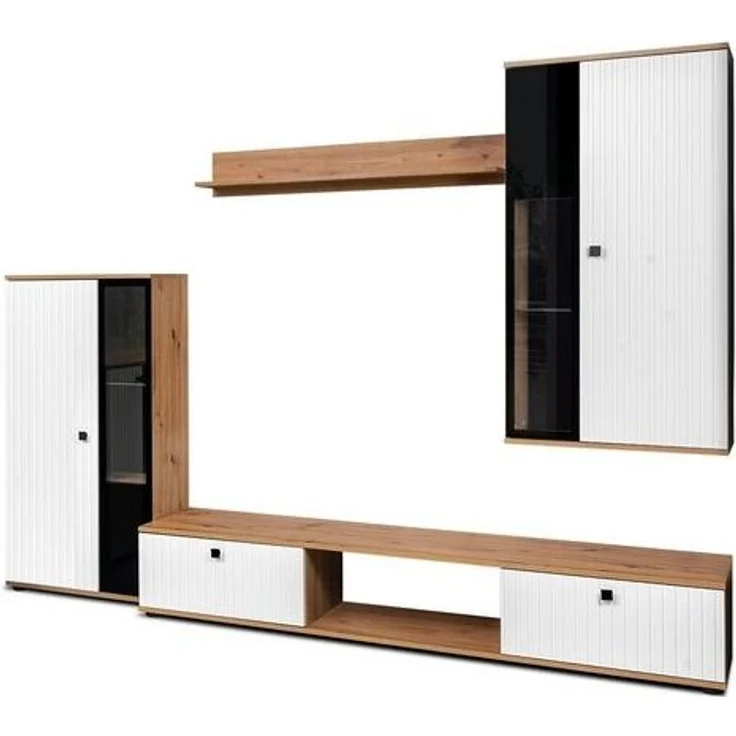 Wohnwand Salsa 2 Lamellenoptik Anbauwand Schrankwand MDF Weiss + Eiche Artisan – Bild 4