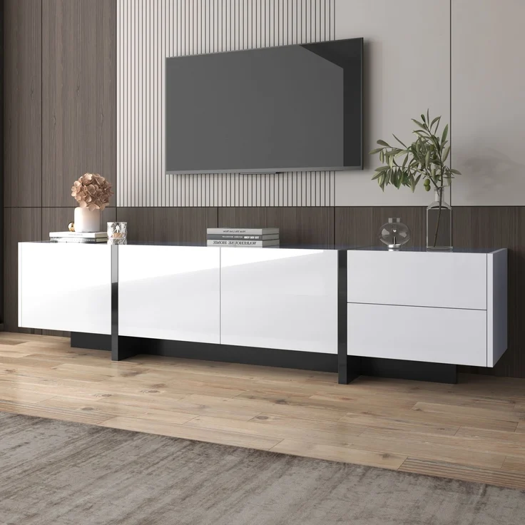 TV-Schrank Schwarz Weiß Hochglanz 190 x 45 x 35 cm mit 3 Türen & 2 Schubladen – Bild 4