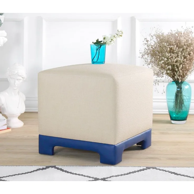 Atelier Del Sofa Stylish Pouffe with Cream & Blue Fabric, 50 x 50 x 47 cm | 50% Cotton & 50% Linen, 35 DNS Orthopedic Sponge, Faux Leather Legs | Perfect for Modern Living Spaces
