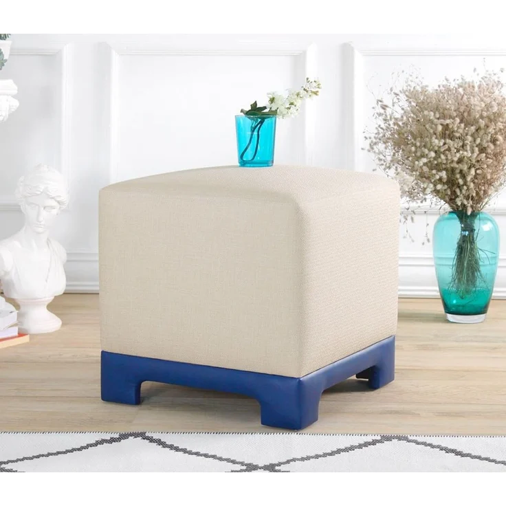 Atelier Del Sofa Stylish Pouffe with Cream & Blue Fabric, 50 x 50 x 47 cm | 50% Cotton & 50% Linen, 35 DNS Orthopedic Sponge, Faux Leather Legs | Perfect for Modern Living Spaces