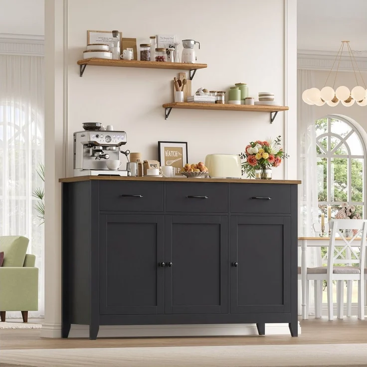 HOMECHO Sideboard, 120 cm Küchenschrank mit verstellbarem Regal, 3 Schubladen – Bild 4