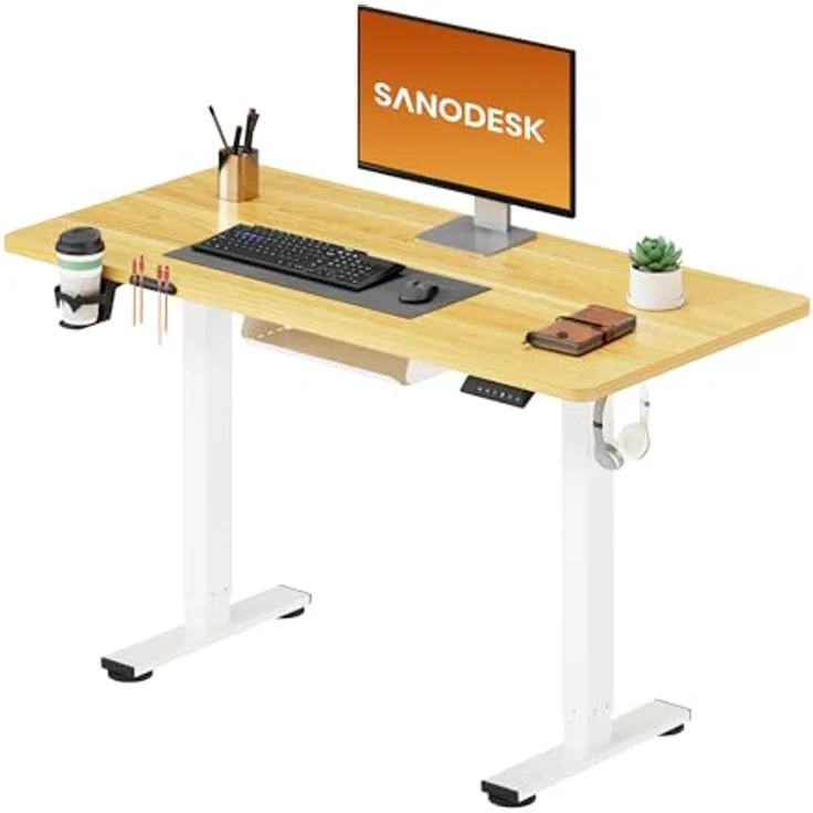 SANODESK Höhenverstellbarer Schreibtisch 110x60 cm mit KOMPLETTE TISCHPLATTE Schreibtisch Höhenverstellbar Elektrisch Ergonomischer Steh-Sitz Tisch Computertisch für Heimbüro Homeoffice(ahorn) – Bild 2