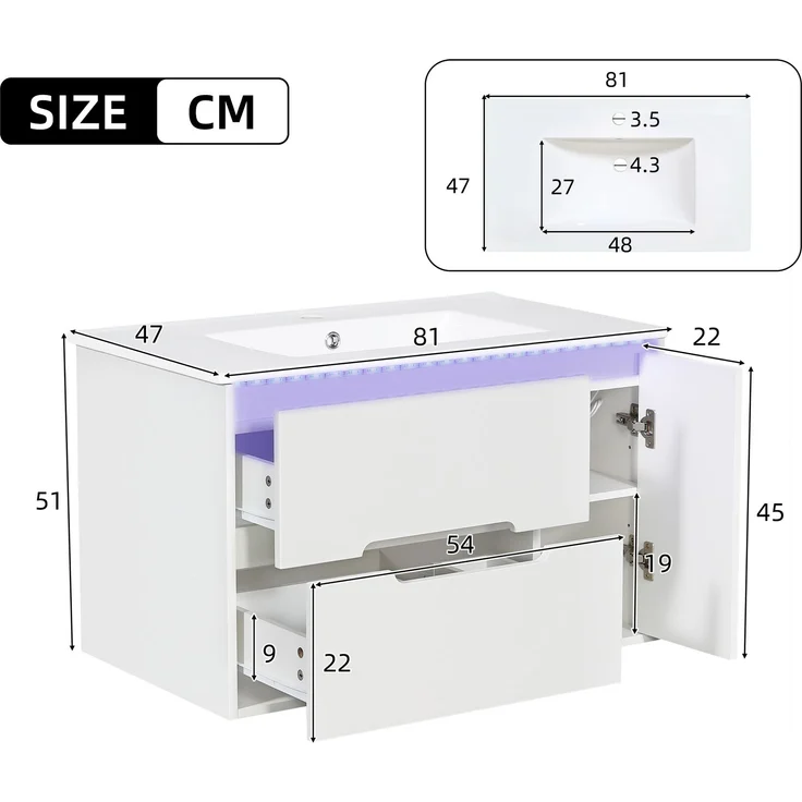 Waschbeckenunterschrank mit Keramikbecken, 81 x 47 x 51 cm, MDF, wandmontiert, mit LED-Beleuchtung – Bild 4