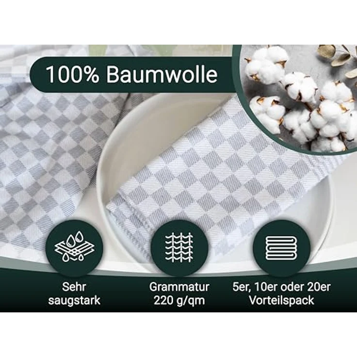 ZOLLNER 20er Set Geschirrtücher Baumwolle in 46x70 cm - super saugstarke und robuste Küchentücher – waschbar bis 60°C – in grau kariert - Gastronomiequalität - Oeko Tex® Zertifiziert – Bild 3