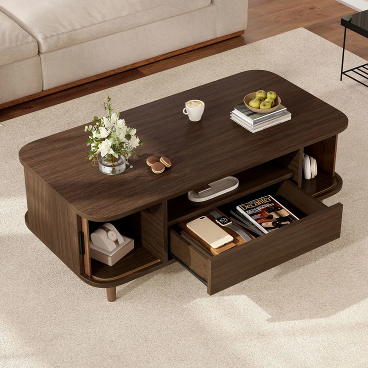 Couchtisch B 100 x T 50 x H 35 cm in Walnussholzfarbe mit Schublade und Rollladentüren – Bild 1