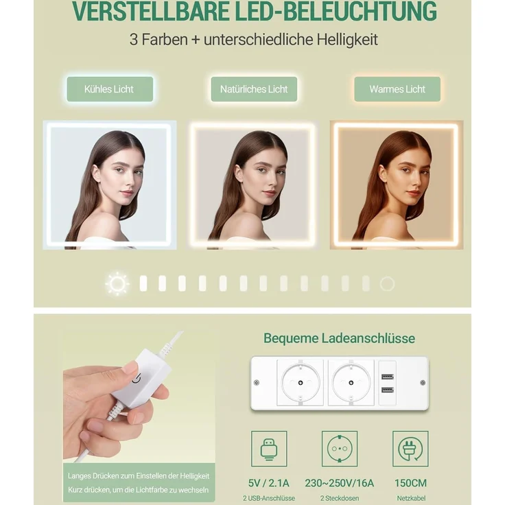 Schminktisch mit LED-Beleuchtung, mit Stecker und Föhnhalter, große Tischplatte 108 cm, Schminktisch mit 2 großen Schubladen mit Schmuckablage, 2 Schränke, 40 x 108 x 145 cm, Weiß – Bild 4