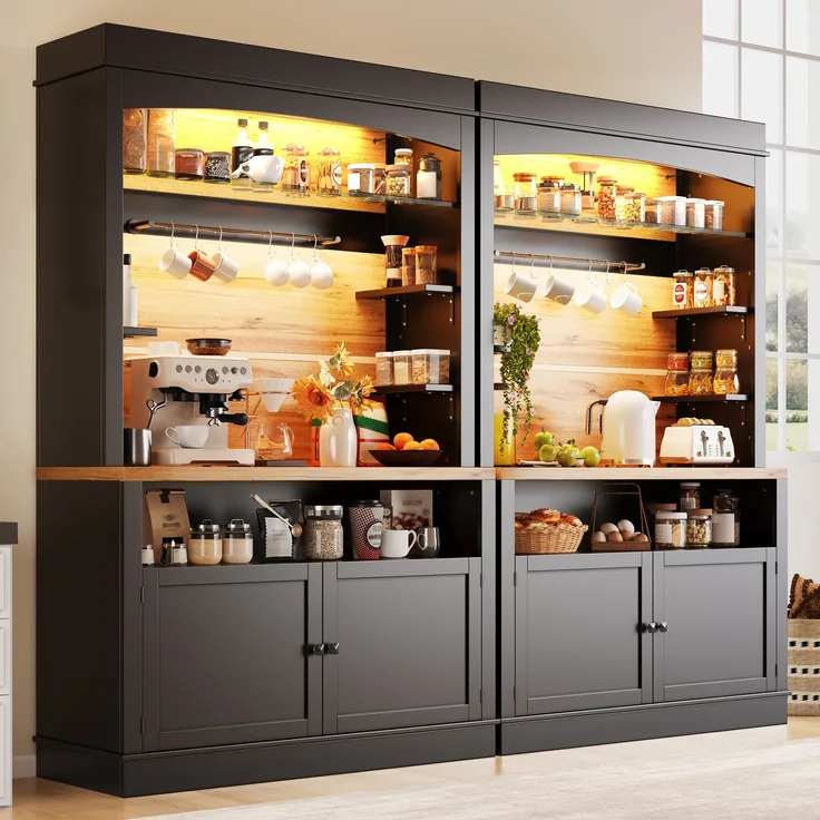 Küchenschrank, hoher Küchenschrank (107x43x184 cm), Vitrine, Anrichte, Anrichte mit LED-Beleuchtung, offenes Regal, schwarz--Schwarz--116.48x46x22.99cm--YOUDENOVA