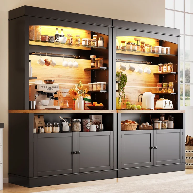 Küchenschrank, hoher Küchenschrank (107x43x184 cm), Vitrine, Anrichte, Anrichte mit LED-Beleuchtung, offenes Regal, schwarz--Schwarz--116.48x46x22.99cm--YOUDENOVA – Bild 1