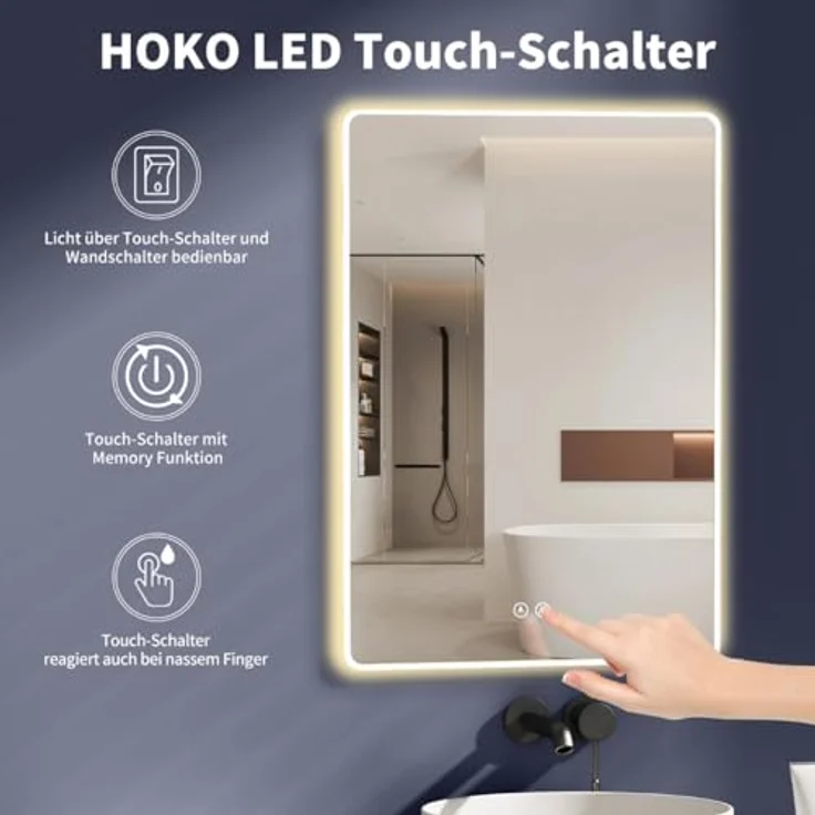 HOKO LED Badspiegel Kansas, 50x70 cm / 70x50 cm, Antibeschlag, Weißer Alurahmen, Touch Schalter, Speicherfunktion, Lichtwechsel 2700-6500K – Bild 2