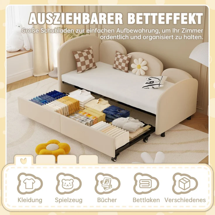 Kinderbett Blumenform, Kinderbett aus Samtstoff mit Sicherheitsrand, Massivholzrahmen, ausziehbare Schublade 90x200 cm,Beige – Bild 6