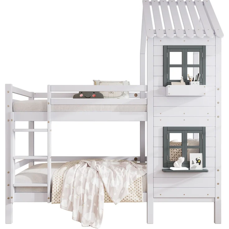 Merax Etagenbett mit Handlauf und Fenster, Hausbett, Kinderbett mit Fallschutz und Gitter, Rahmen aus Kiefer, weiß (90x200cm) – Bild 10