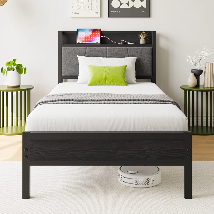 Einzelbett aus Metall mit USB-Anschlüssen & Stauraum-Kopfteil, ohne Matratze, 90x200 cm, Schwarz – Bild 1