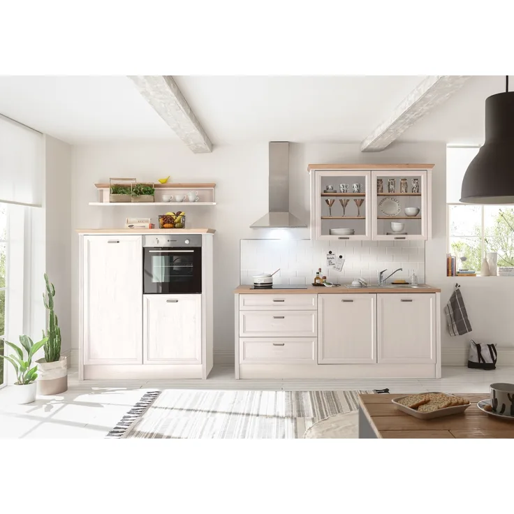 JASMIN Moderne Küchenzeile ohne Elektrogeräte in heller Pinie, Artisan Eiche Optik - Geräumige Einbauküche im Landhausstil - 344 x 228 x 60 cm (B/H/T)