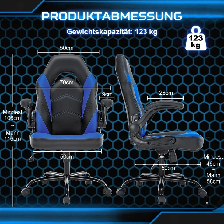 DUMOS Gaming Stuhl - Ergonomischer Gaming Sessel, Verstellbarer Drehbarer Gamingstuhl aus PU-Leder mit klappbaren Armlehnen, Geeignet für Zuhause, Büros usw(Schwarz-Blau) – Bild 3
