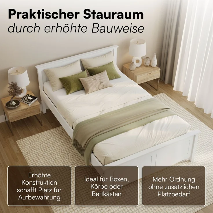 Bellamio 'Medje' Bett 140x200 cm in Kassettenoptik, Kiefer, weiß lackiert, Holzbett im Landhausstil mit Lattenrost, geeignet als Doppelbett – Bild 5