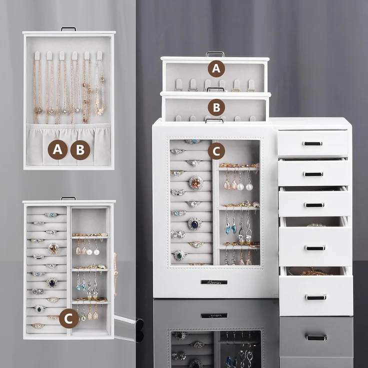 Yorbay Schmuckkasten Groß mit 8 Schubladen, Schmuckkoffer mit Glasfenster für Damen, Schmuckschatulle für Halsketten, Ringe, Armbänder, Ohrringe – Bild 3
