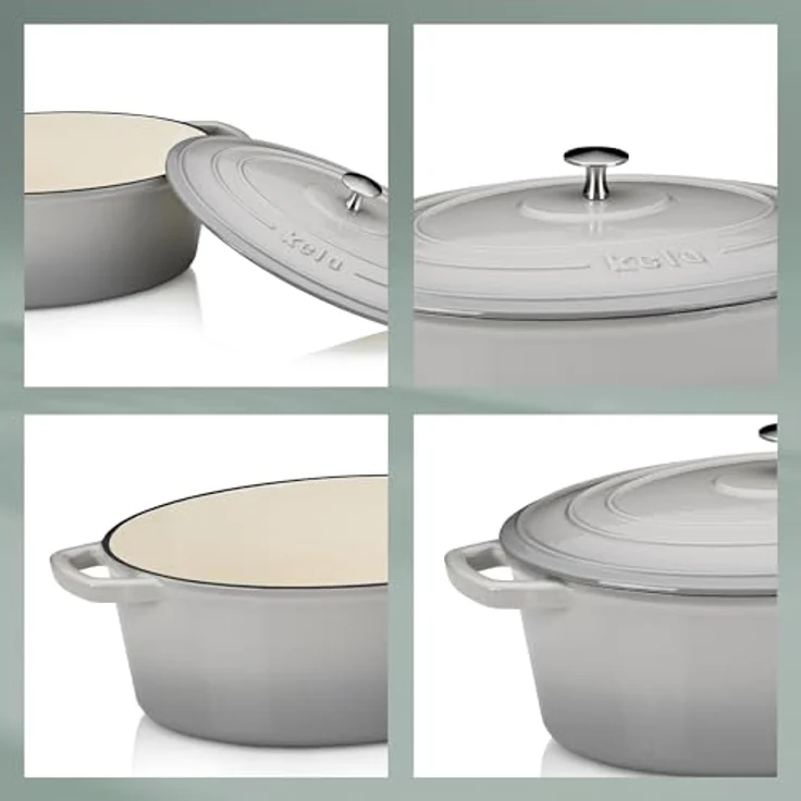 kela Bräter Gusseisen oval 4 Liter, Dutch Oven CALIDO, Induktion Gussbräter mit Deckel, Gusseisen Topf Brot backen, emailliert, hellgrau – Bild 5