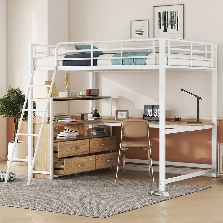 EINHOM Hochbett, 140 x 200 cm, Eisenrahmenbett, Praktische Schubladen, Stilvoller L-förmiger Schreibtisch, Laminatdesign, Weiß (Ohne Matratze) – Bild 3