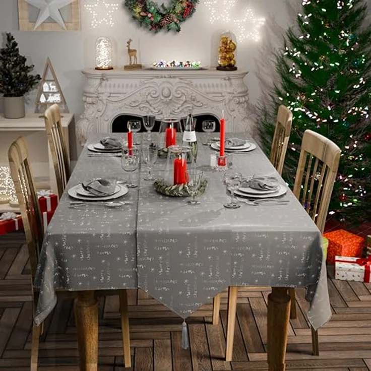Emma Barclay Weihnachtstischdecke, rechteckig, maschinenwaschbar, Weihnachts-Tischdecke in Rot mit silbernem Schneeflocken-Design, 178x274 cm – Bild 5