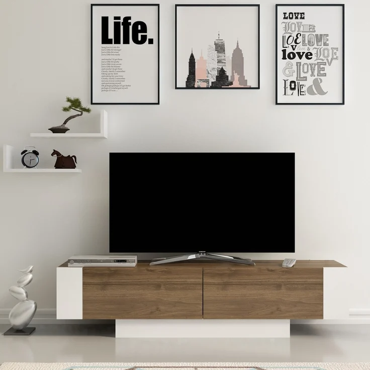 Calicosy TV-Schrank 2 Türen Nussbaum und Weiß Dekor L150 cm - MATERA - Dunkles Holz – Bild 4