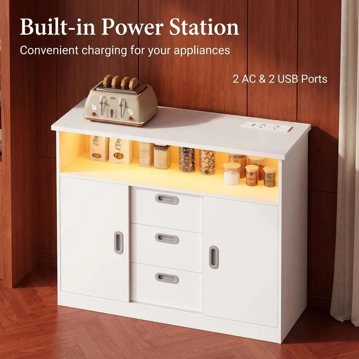 Halupeit Weißes Sideboard für Küche/Wohnzimmer mit Schiebetüren, drei Schubladen, verstellbaren Einlegeböden, Steckdosenleiste und LED-Ambientebeleuchtung, 33,5 x 100,5 x 80,5 cm – Bild 3