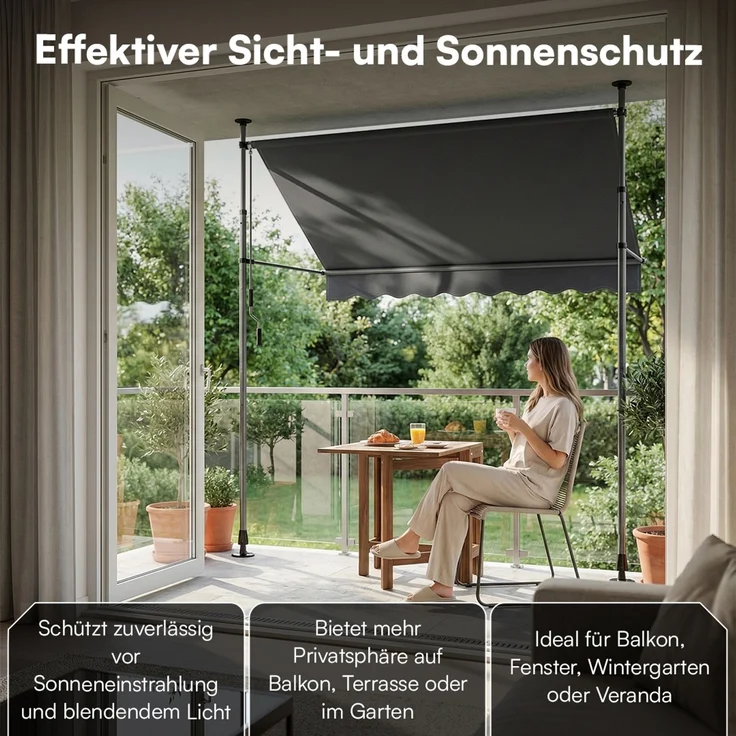 STEELSØN 'Dioran' Klemmmarkise mit Handkurbel 250x180 cm, anthrazit, stufenlos höhenverstellbar, wetterfest und UV-beständig, Balkonmarkise ohne Bohren – Bild 6