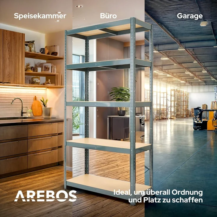 Arebos Schwerlastregal 2er Set | 180 x 90 x 30 cm | 875kg Tragkraft | 0,63 mm | 5 MDF-Platten | Regal Lagerregal Kellerregal Steckregal Werkstattregal | Schwarz – Bild 3