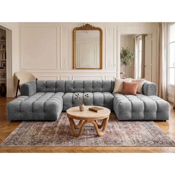 Wohnlandschaft Sofa U-Form SOLVIE in Stoff Tiffani Grau