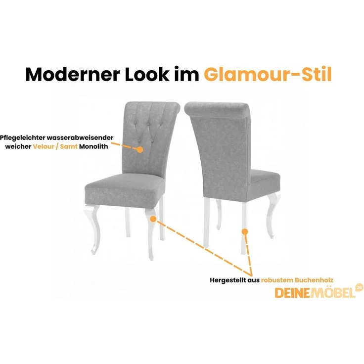 Deine Möbel 24 Esszimmerstuhl LUISE S61 Stuhl 2 4 6 8 10 12 Stühle PREMIUM zum Esszimmer - Set (Beige Hellgrau Grau Anthrazit Graphit), Stühle in Samt Velour Glamour-Still – Bild 3