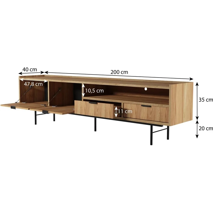 Beautysofa TV-Schrank Evron mit 2 Schubladen, 2 Türen und offene Ablage (zwei moderne Farben zur Auswahl) Breite: 200 cm – Bild 3