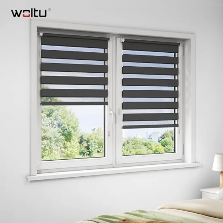 WOLTU Doppelrollo Klemmfix ohne Bohren Anthrazit 150x80 cm (LxB), Duo Rollo Zebrarollo Fensterrollo Klemmrollo Seitenzugrollo Easyfix lichtdurchlässig & verdunkelnd Rollos für Fenster und Tür – Bild 3