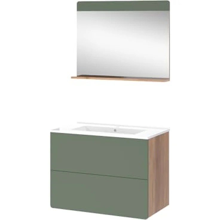 Vichy Badmöbel-Set Izan, 3-teiliges Set in Goldkraft Eiche/Grün mit Spiegel, inkl. Waschbeckenunterschrank und Badspiegel – Bild 1