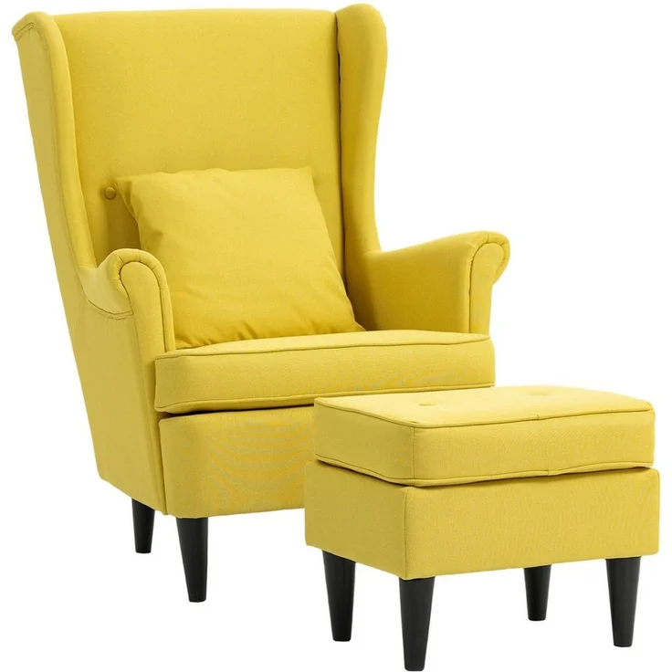 HOMCOM Relaxsessel Ohrensessel, Sessel mit Leinenoptik, Lendenkissen, Loungesessel (Set, 2-St, bestehend aus Sessel und Hocker), für Wohnzimmer Schlafzimmer Gelb – Bild 2