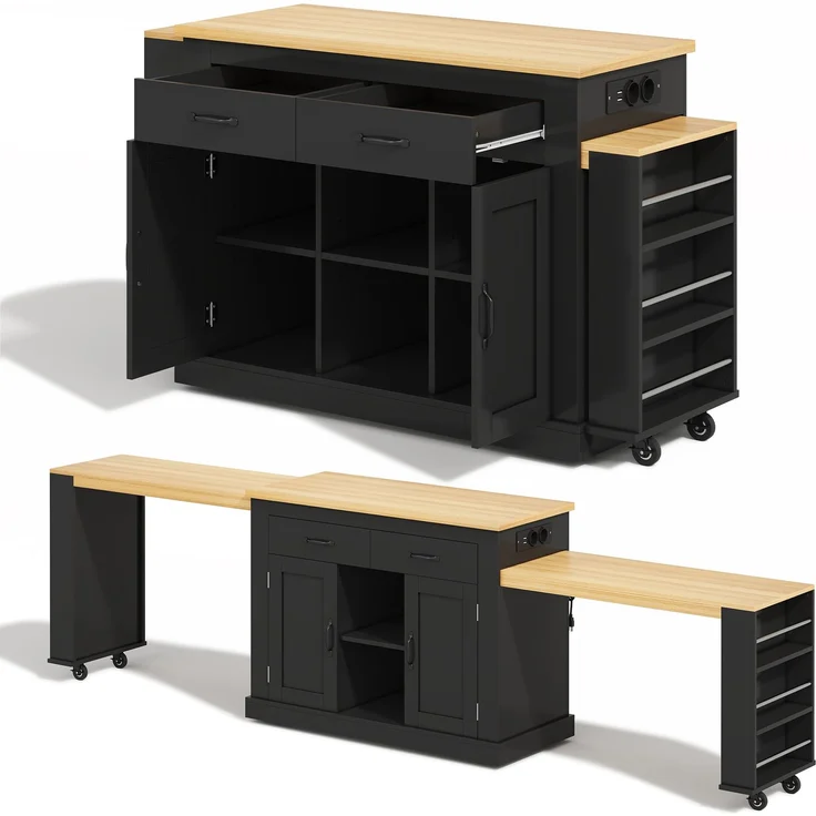 Merax 340cm Kücheninsel mit zwei ausziehbaren Arbeitsflächen,stilvolle mobile Insel,verstellbare Regalböden,2x220V-Steckdosen,2xUSB-Anschlüsse, Schwarz – Bild 9
