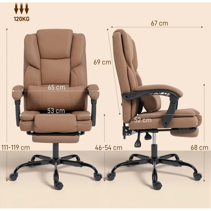 HOMCOM Bürostuhl, Kunstleder, Mehrschichtenplatte, Braun, 67 x 65 x 119 cm – Bild 3