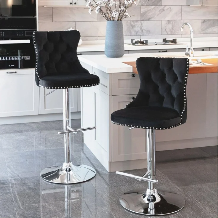 ANYSUN Barhocker 2er Set Barhocker höhenverstellbar & 360° drehbar mit Lehne (mit Samtbezug, Ziernieten, silberner Fußstütze, 2er Set), für Kücheninsel, Wohnbar, Esszimmer oder Café – Bild 3