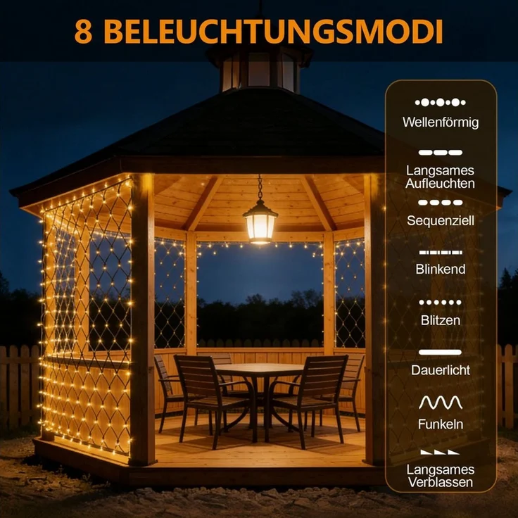 OZAVO LED-Lichternetz 3x2m,200 LED Lichterkette Außen mit Fernbedienung & Timer & 8 Modi, 200-flammig, Wasserdicht Lichternetz Innen für Büsche, Garten, Balkon und Zimmer – Bild 3