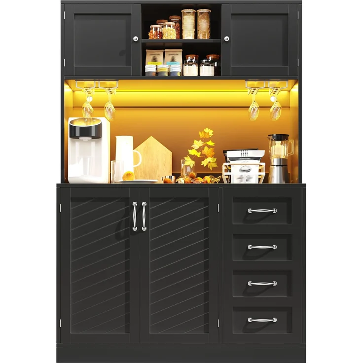 Seitenboard / Aufbewahrungsschrank / Küchenschrank / Buffetschrank, 120 x 40 x 188 cm, mit LED-Beleuchtung, Snackregal & Getränkehaltern, 4 Türen & 2 große Schubladen, Grün/Schwarz/Weiß – Bild 5