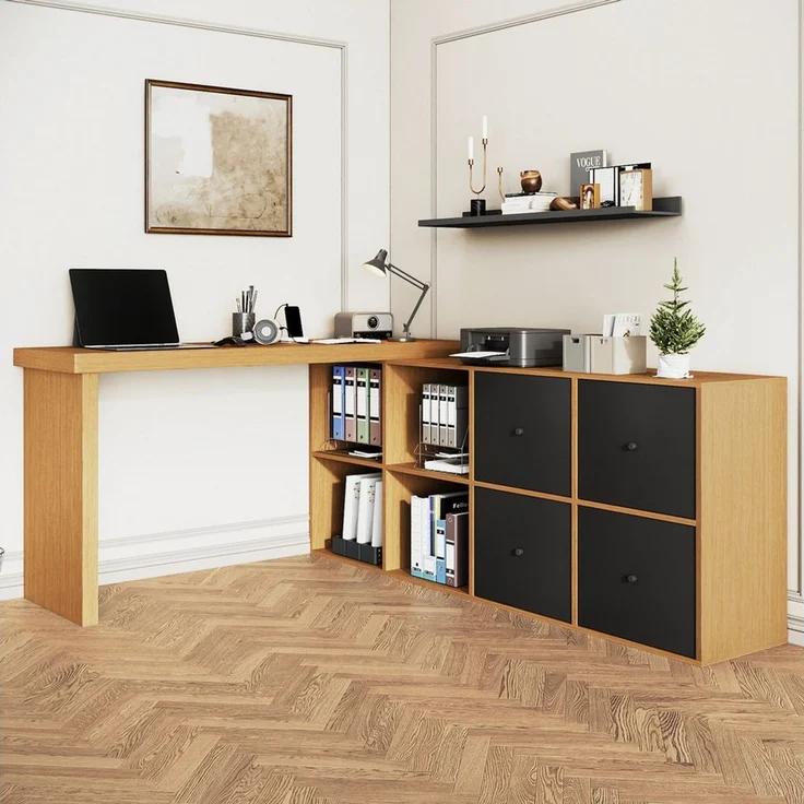 Celya Eckschreibtisch Ecktisch, Tischplatte 360°schwenkbar, L-förmig oder gerade aufstellbar (4 Schubladen - Schreibtisch, nach links gerichtet), Tischplatte und Beine 4 cm verstärkt, mit 4 Fächern,Schwarz – Bild 1