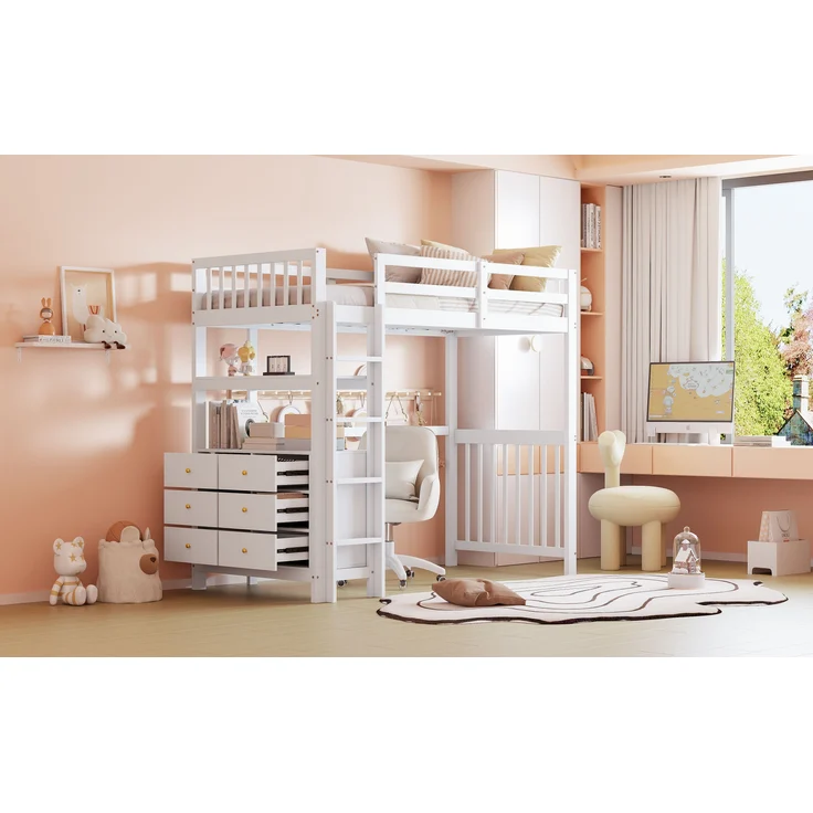 Weißes Hochbett 90x200 cm Mit 6 Schubladen Und Sicherheitsleiter Kinderhochbett Mit Aufbewahrungsschrank Massivkiefer Etagenbett Stauraum Lösung Sicherheitsbett Jugendzimmer Regal Unterbett – Bild 4