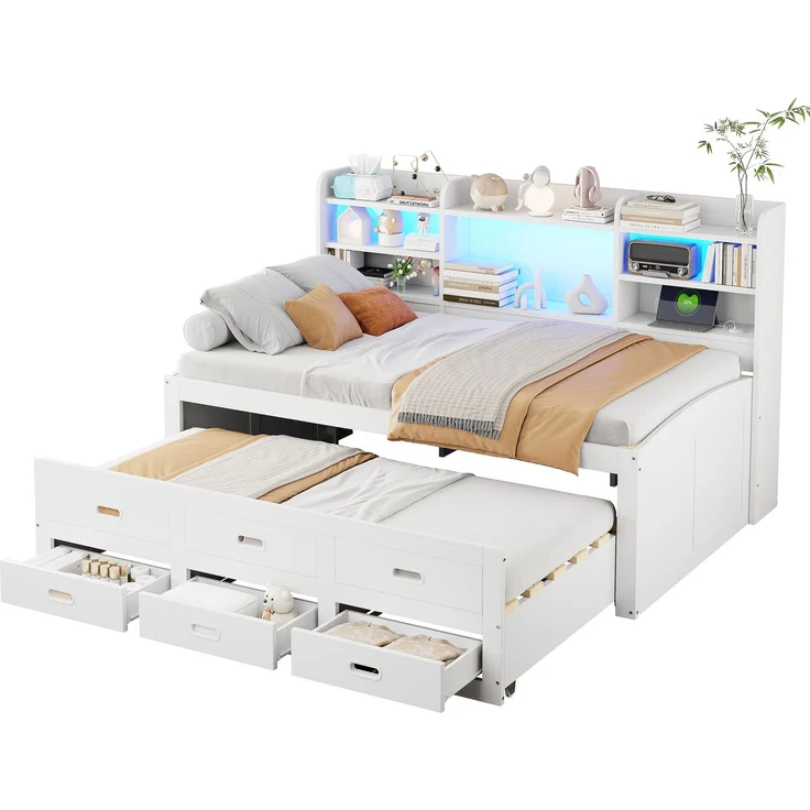 Schlafsofa, Daybett, Tagesbett, 90 x 200cm, Mit LED-Leuchten, 3 schubladen, Nachttischablage, Multifunktionales ausziehbares bett mit usb+type-c, Ohne matratze, Weiß – Bild 9