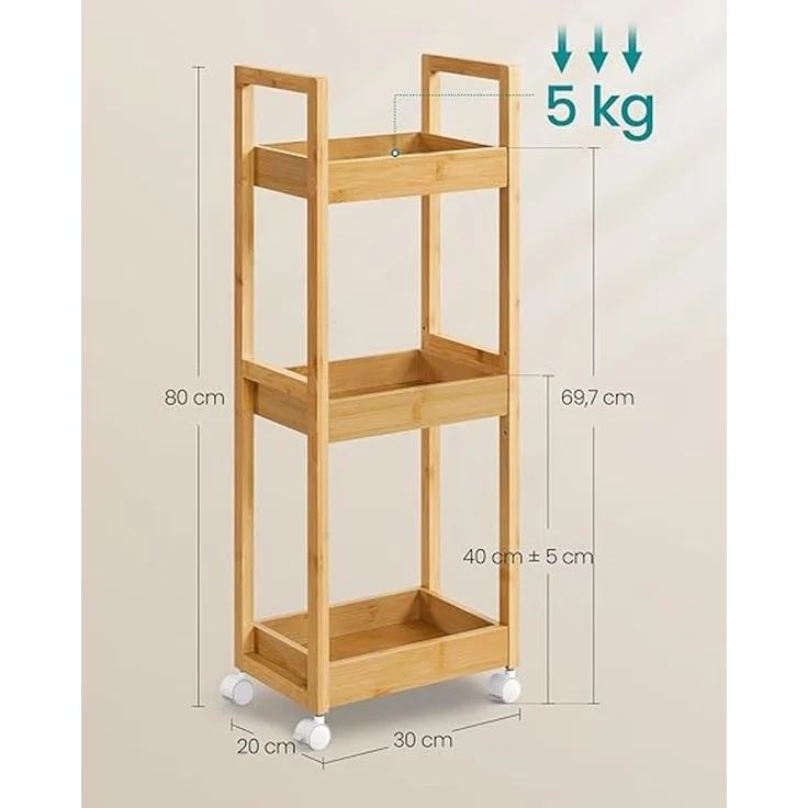 SONGMICS Badezimmerregal mit 3 Ebenen und Rollen, Bambus naturbeige, 30 x 20 x 80 cm – Bild 3