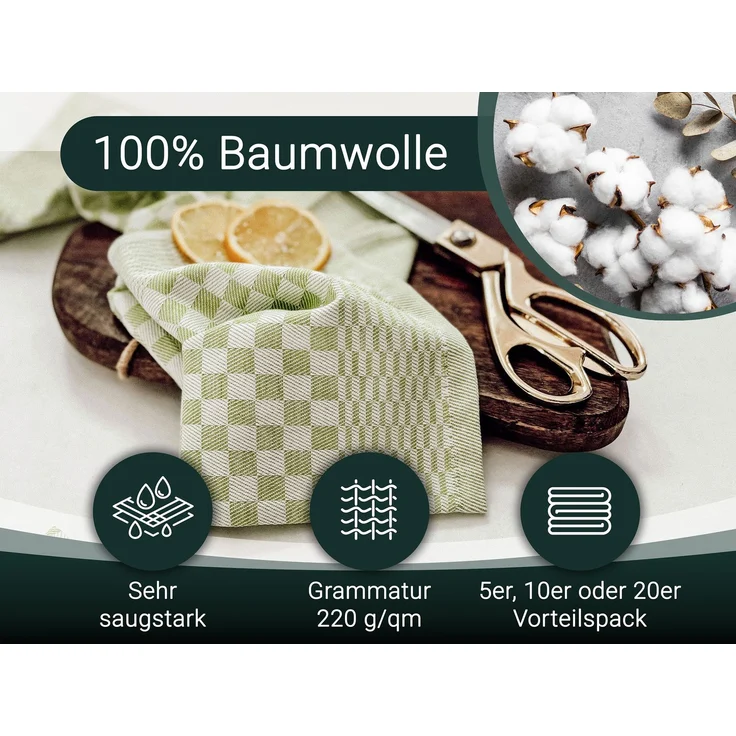 ZOLLNER 5er Set Geschirrtücher, 100% Baumwolle, 46x70 cm, saugstark, grün kariert – Bild 2