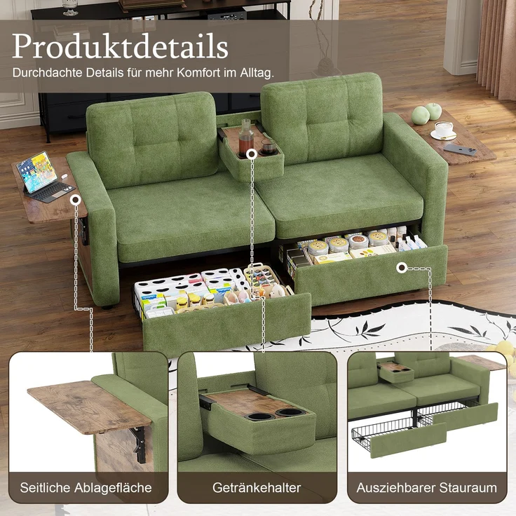 ZUBALIYA Schlafsofa 71x57.5 cm, mit Schreibtisch, mit Schubladen, mit Stauraum, mit Ablageflächen, mit Ausziehbett, Grün – Bild 3