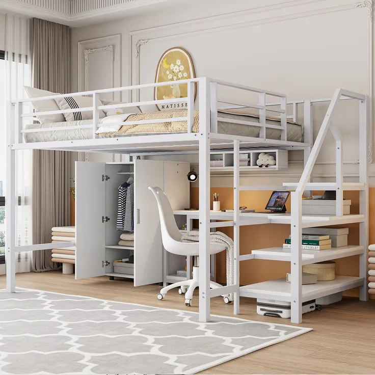 Hochbett 140 × 200 cm, integrierter Schreibtisch, Kleiderschrank, offene Regale und Ablageleiter, platzsparendes Design, Weiß