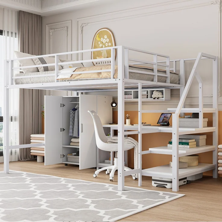 Hochbett 140 × 200 cm, integrierter Schreibtisch, Kleiderschrank, offene Regale und Ablageleiter, platzsparendes Design, Weiß – Bild 1