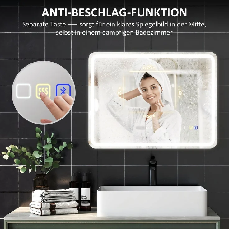 HOMCOM Badezimmerspiegel, Gehärtetes Glas, Silber, 80 x 60 x 2,9 cm – Bild 7