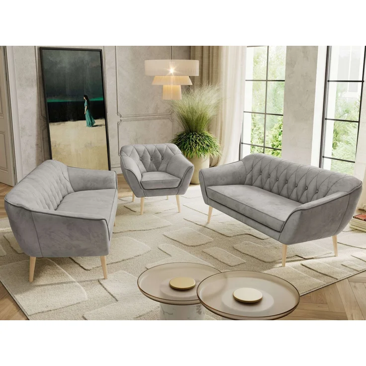 Wohnzimmerset, Möbelset PIRS 3-3-1, Armlehnen, Wellenfederung, Buche Füße, Dreisitzer Sofas mit Sessel, Polstermöbel Set - Hellgrau Velvet – Bild 4