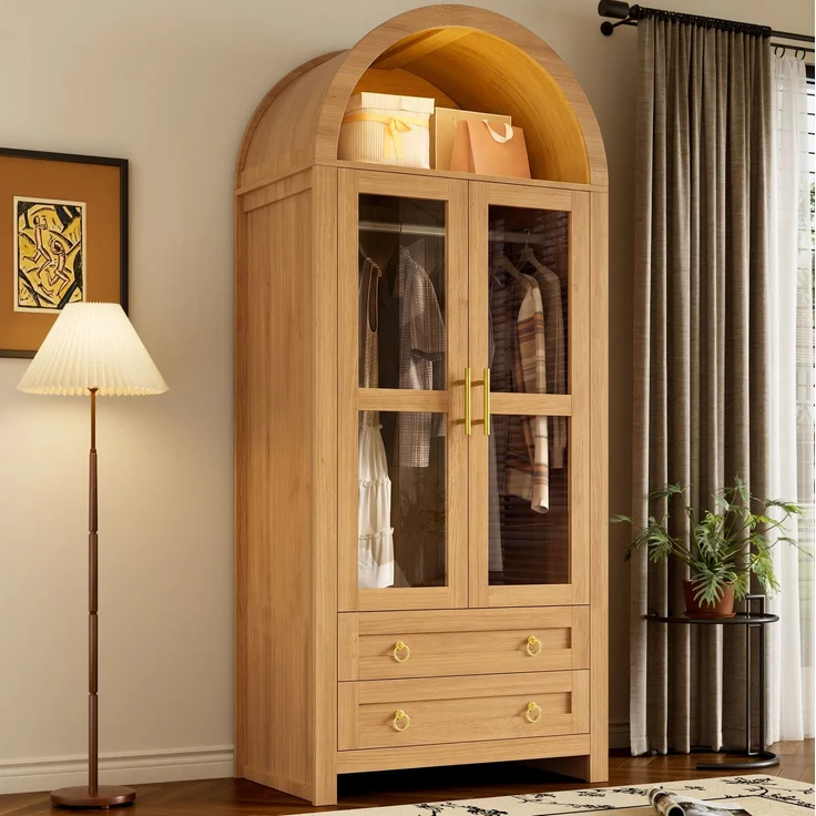 Kleiderschrank 76 x 50 x 185 cm in Eichenoptik mit Glastüren, Schubladen und LED-Beleuchtung – Bild 3